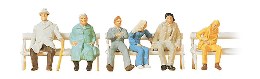 Preiser H0 - 14004 - 6 x Zittende Figuren op Bankjes
