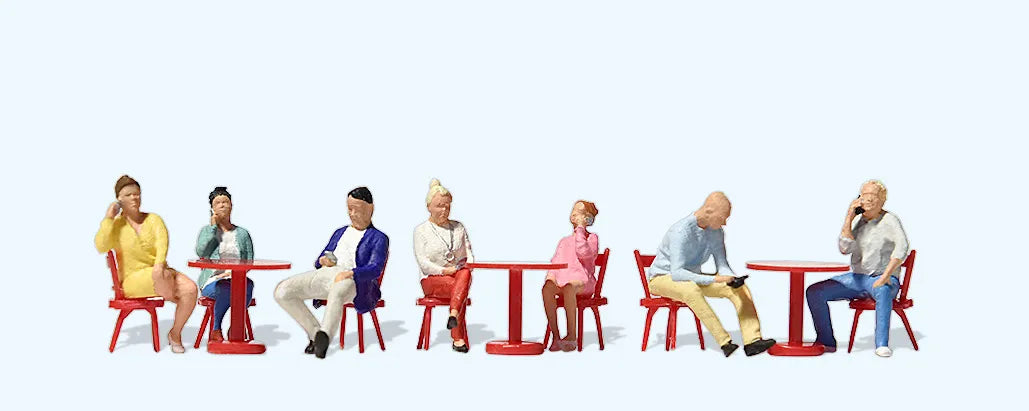 Preiser H0 - 10807 - Set van Café Bezoekers met Smartphones - met Tafels en Stoelen